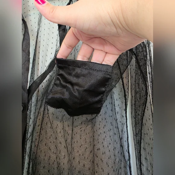 Sheer Black Blouse with Satin Accent Collar Pocket And Cuffs Size Large - Picture 6 of 9